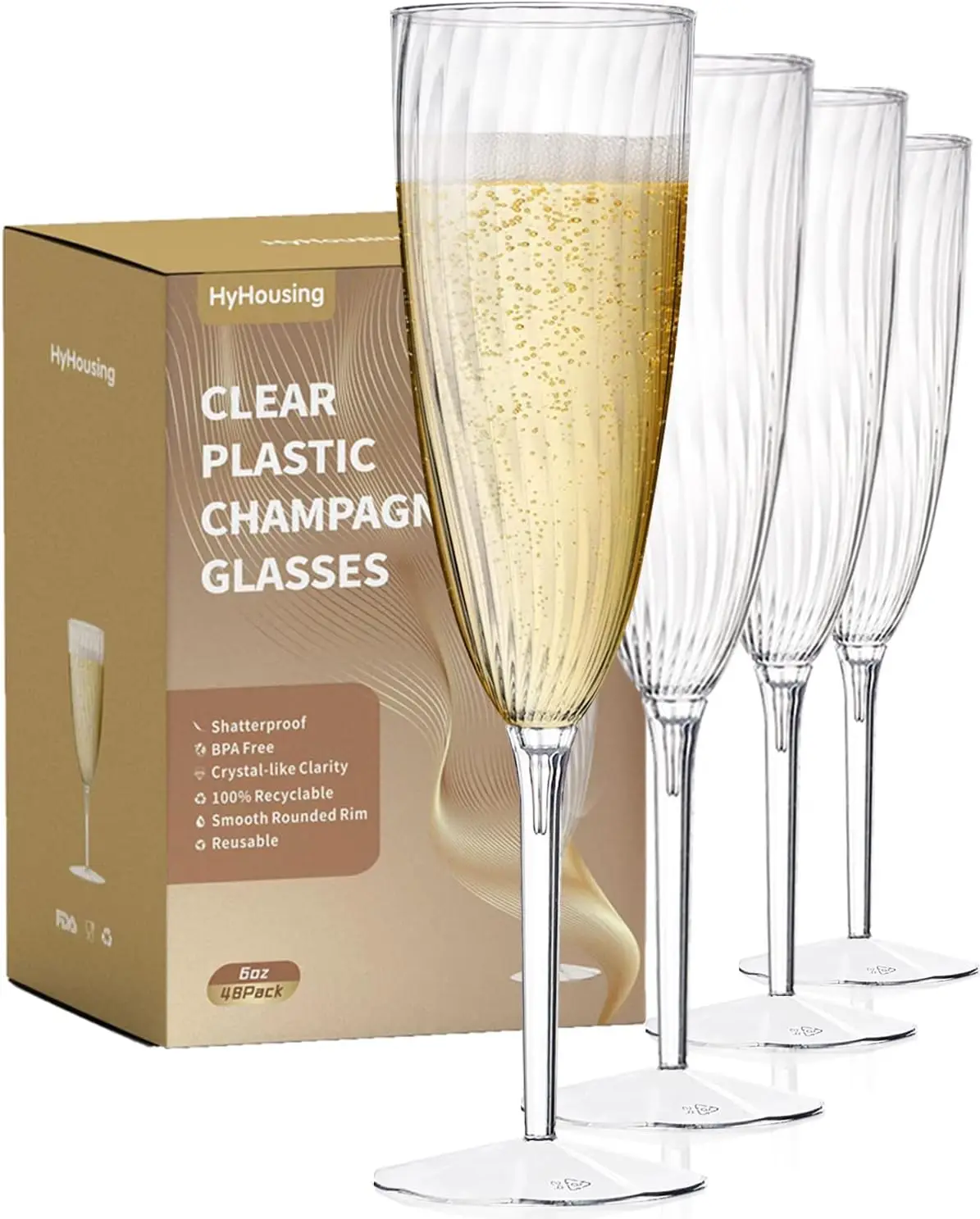 

48 Clear Plastic Champagne Flutes - Disposable Wine Glasses for Parties, Weddings, Birthdays, New Year's Eve