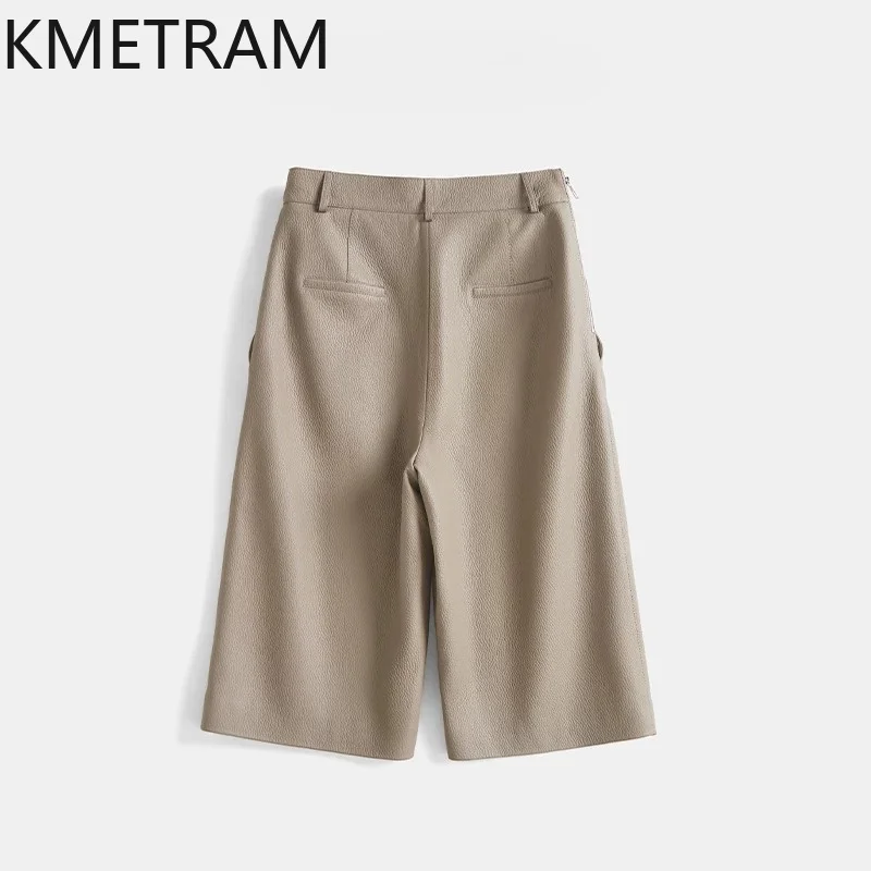 KMETRAM 100% Goatskin Litchi Grain Genuine Leather Pants Slim Casual Trousers High Waist Straight Pants for Woman Pantalones New