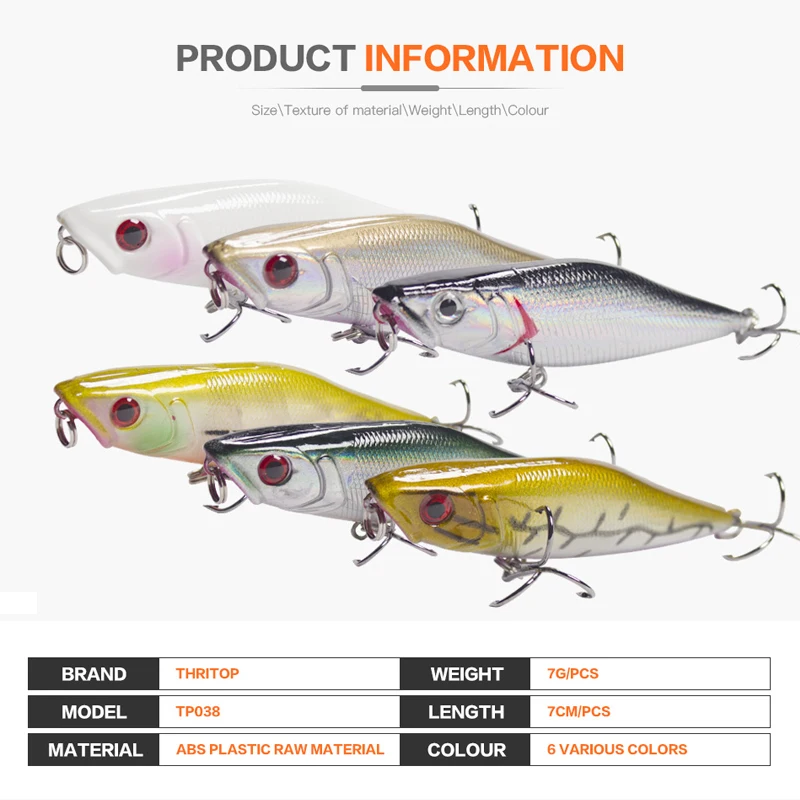 Thritop Artificial Lure Hard Bait 7cm 7g High Quality Tremble Hook 6 Colors for Option TP038 Professional Popper Fishing Tackle