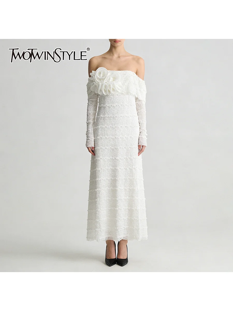 TWOTWINSTYLE Solid Spliced Floral Dresses for Women Slash Neck Long Sleeve High Waist Fold Straight Dress Female Fashion 2026