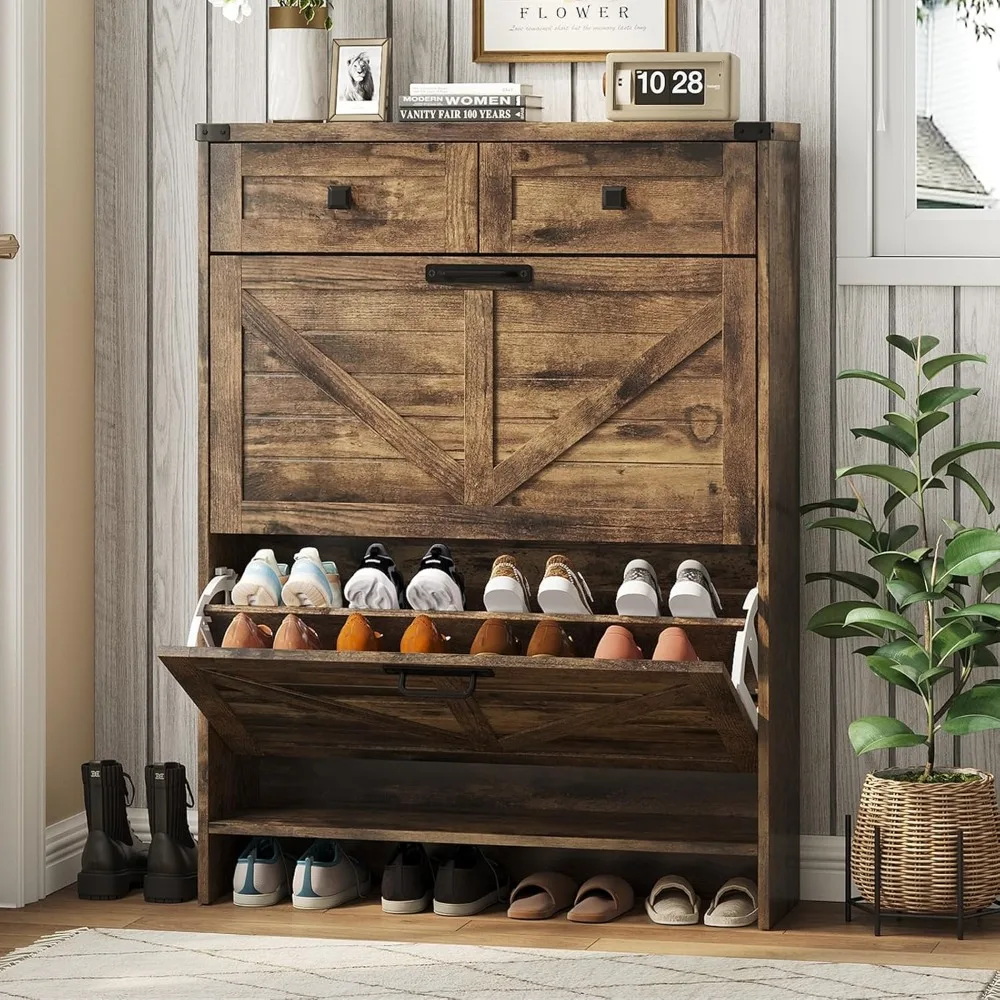 

Shoe Cabinet with 2 Flip Drawers & 2 Drawers,Farmhouse Shoe Storage Cabinet for Entryway,Slim Freestanding Narrow Organizer Rack