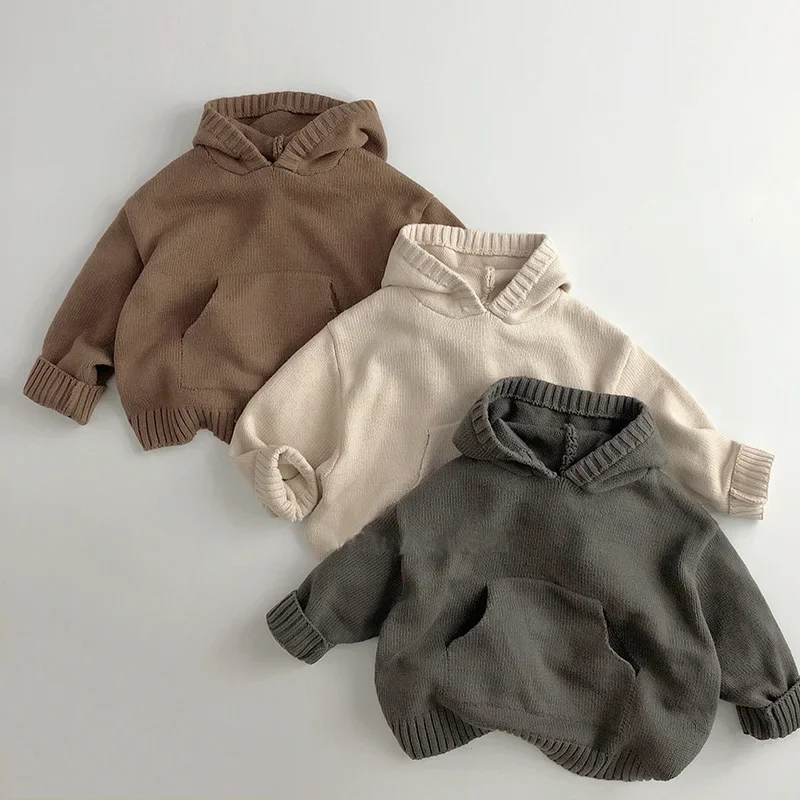 

Children Boys Girl Sweaters Hoodie Knit Pullover Loose Style Girl Front Pocket Fine Knit Hooded Toddler Knitwear Coat