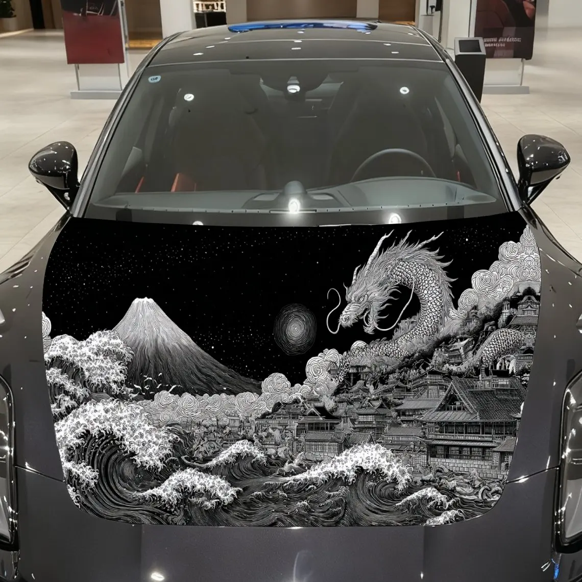 Dragon with Mount Fuji and Ancient Architecture Car Vinyl Wrap, PVC Material Waterproof Car Hood Sticker, Self-Adhesive Scratch-