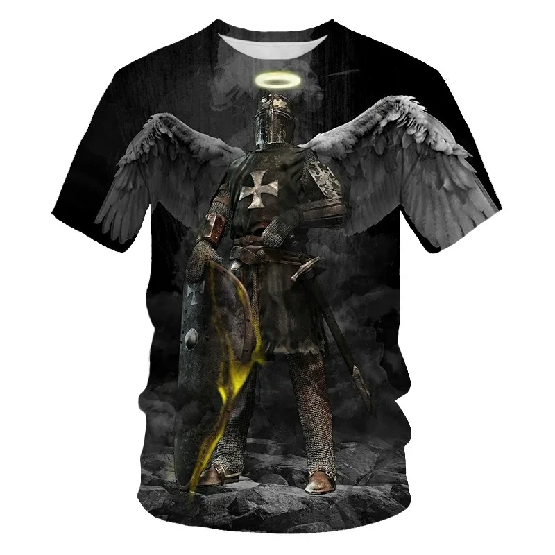 Medieval Knight Templar Print 3D T-shirt Divine Cross Pattern Men's Round Neck Short Sleeve Casual T-shirt Vintage Street Tees