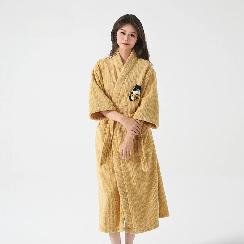 Coral Fleece Stand Collar Women Robe Autumn and Winter Warm Bathrobe Home Clothes Plush Sleeping Robe Home Clothes for Home Wear