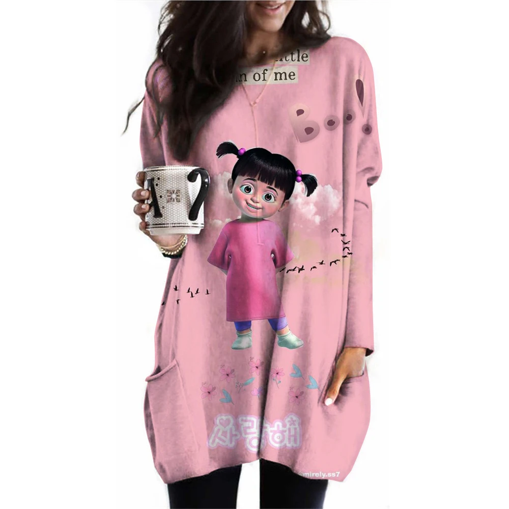 New Large Women's Long Sleeve Pocket Round Neck Waist Top T-shirt Disney Toy Story Loose Casual Fashion Loose Women's Shirt