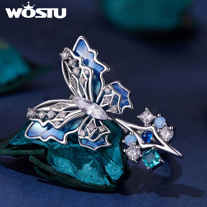 WOSTU Huge Blue Butterfly Ring For women Ice and Snow Butterflies Opening Adjustable Rings Wedding Engagement Jewelry Gift YIR24