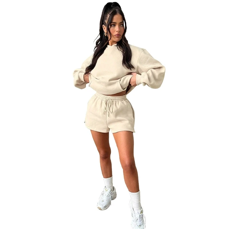 

Casual Sporty Style Short Pants Sets Women Solid Color Pullover Hoodie Shorts Two Piece Set Fashion Autumn Winter Lady Suits
