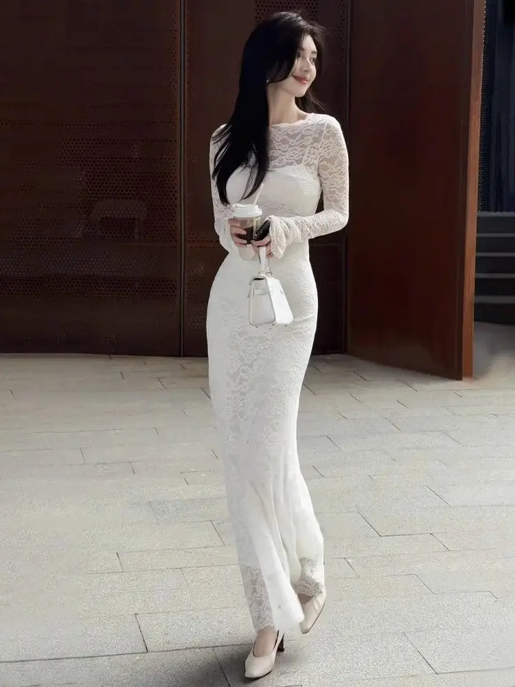 New Temperament Slimming Slim Suspender Dress Women's One-line Collar Lace Hip-covering Long Skirt