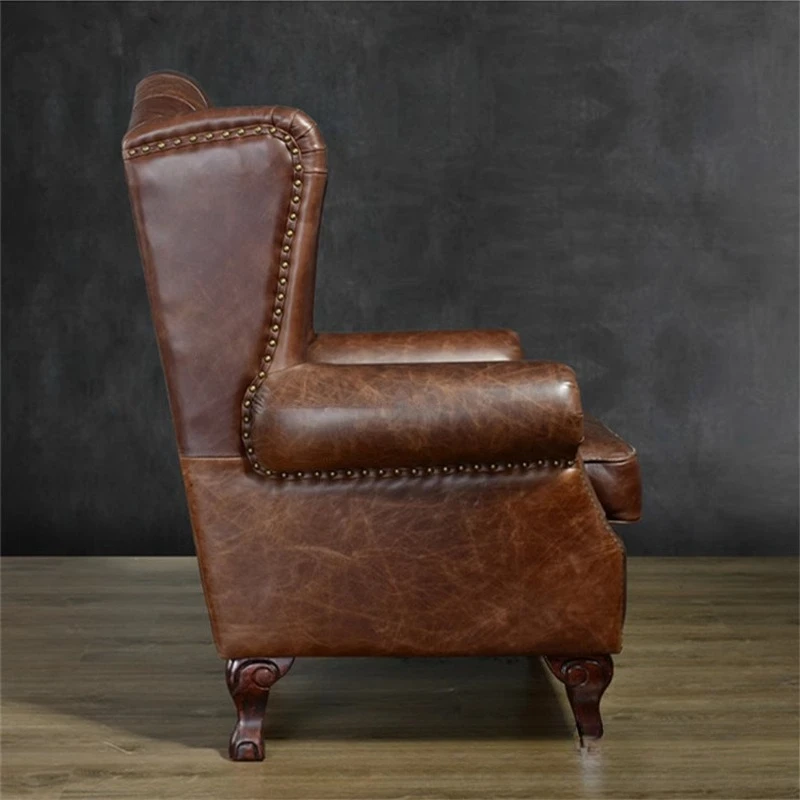 Medieval oil wax leather single sofa chair, casual European buckle chair