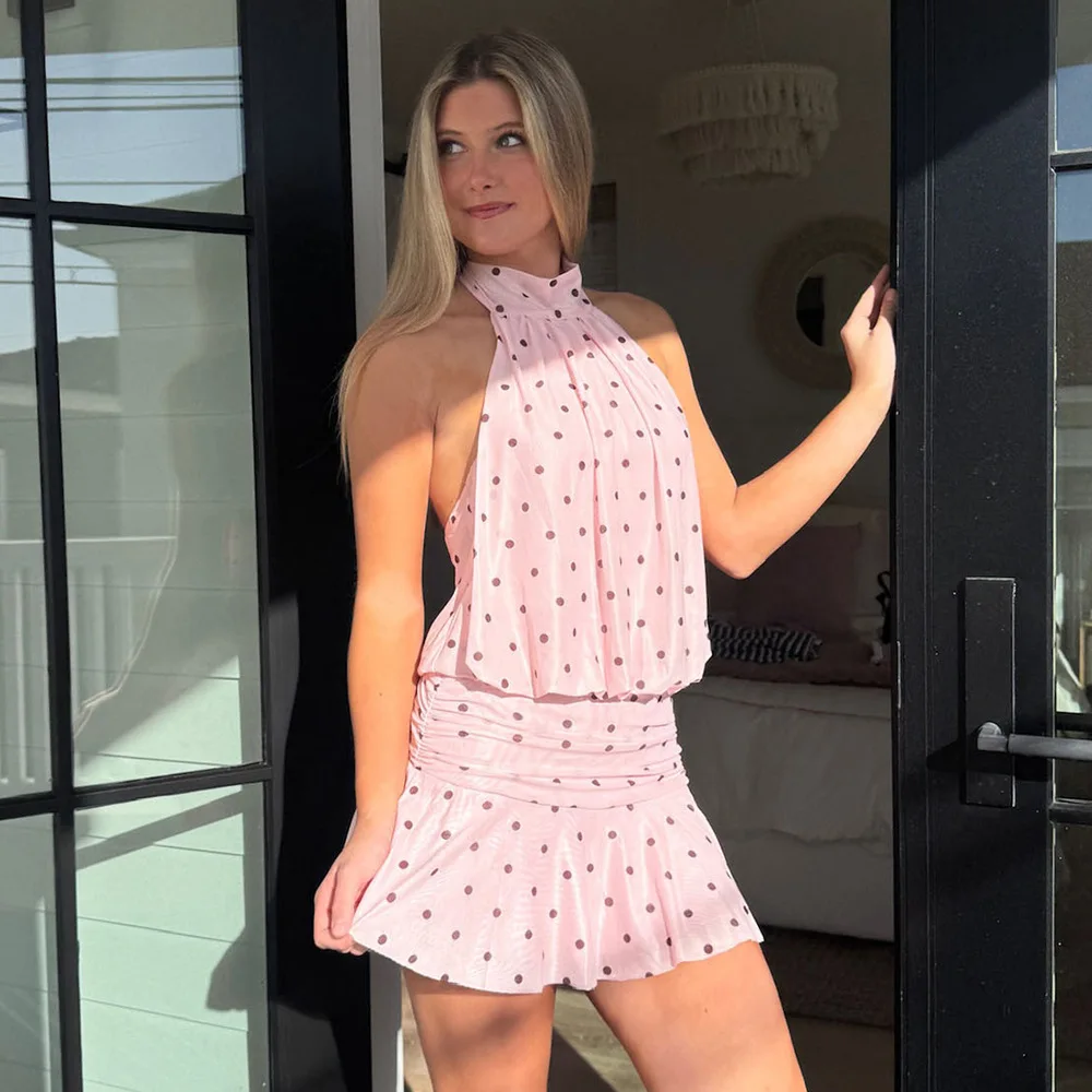 

2026 Summer New Polka Dot Neck Hip Skirt Backless Strap Waist Dress