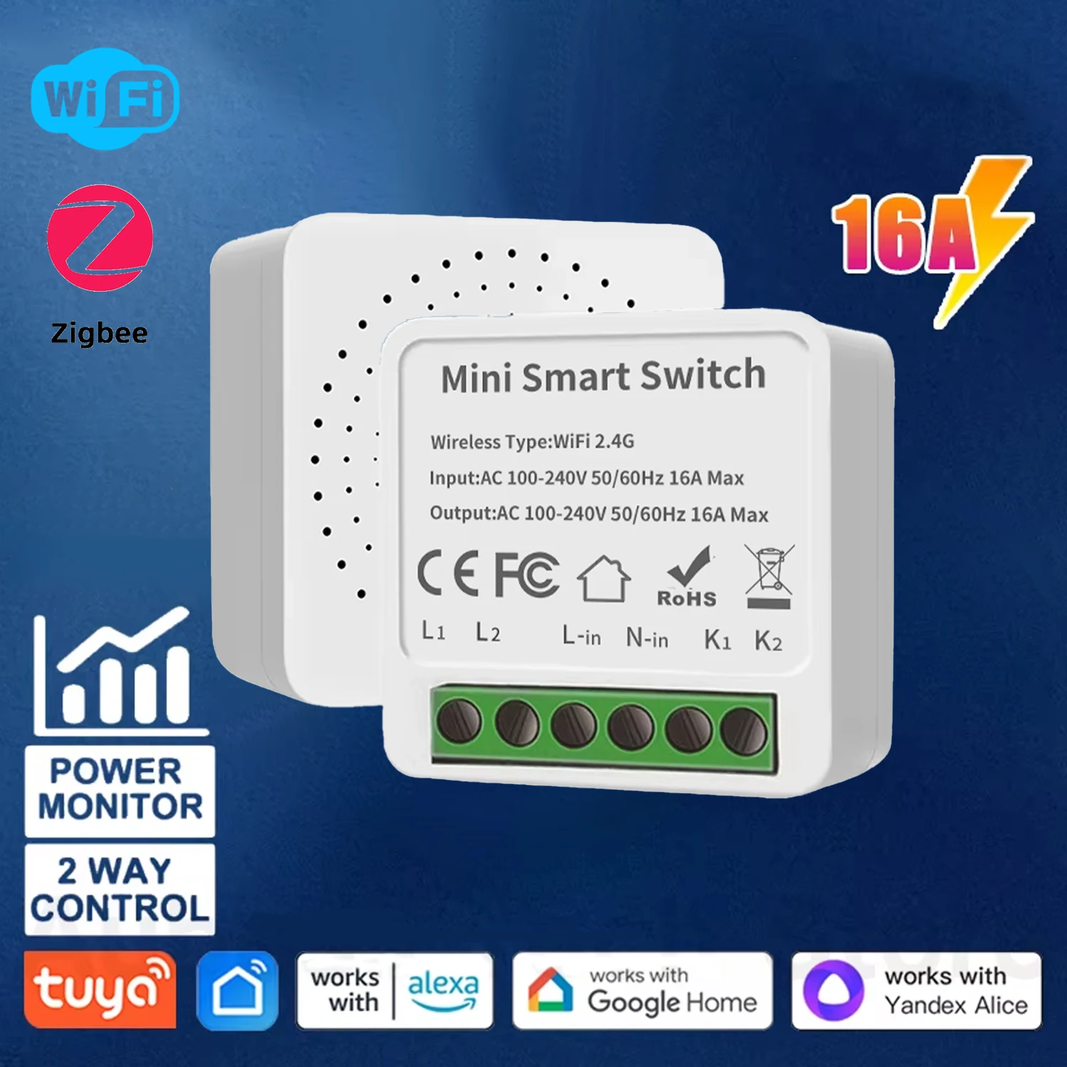 16A/20A Tuya Wifi / Zigbee مفتاح ذكي صغير يدعم التحكم في اتجاهين تطبيق الحياة الذكية يعمل مع Alexa Google Home Yandex Alice