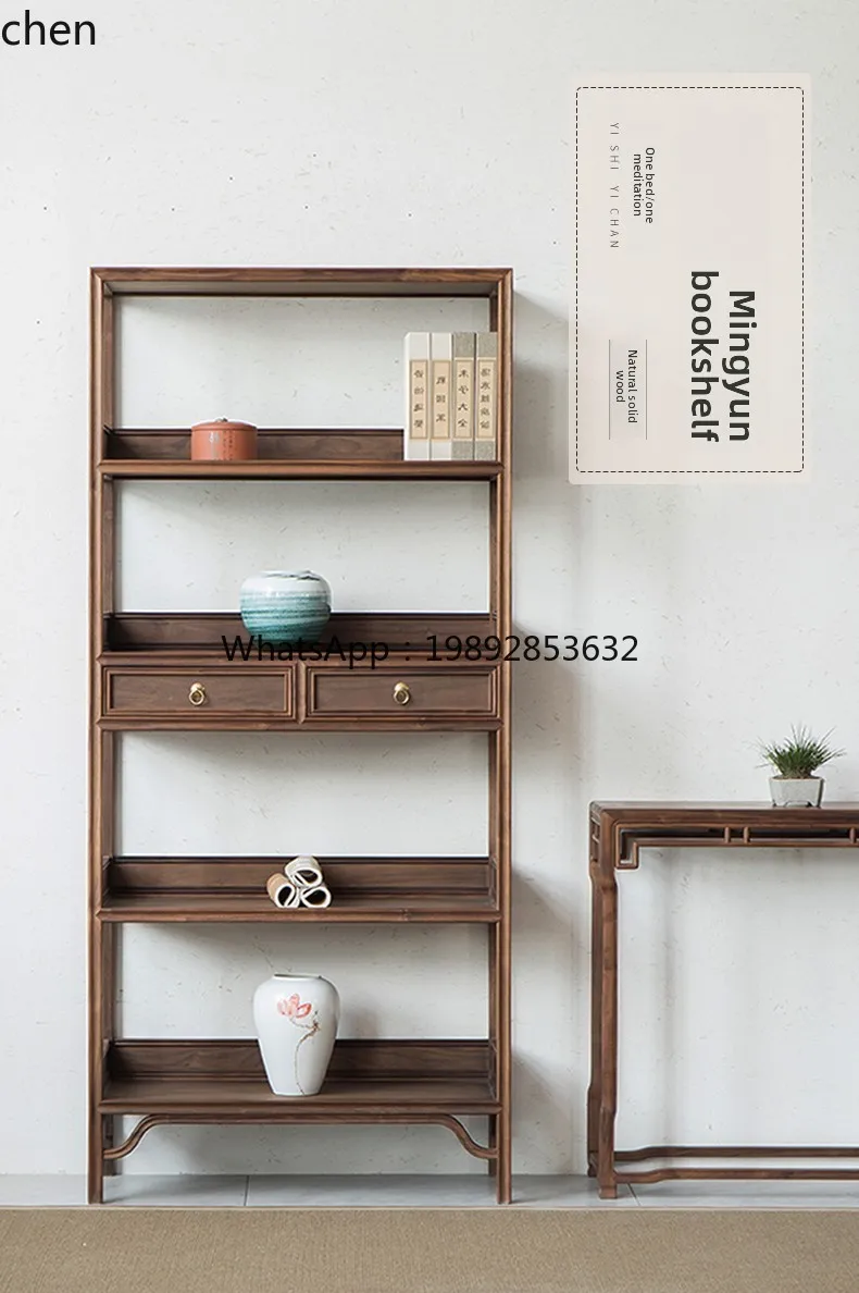 LYY Black Walnut Bookshelf Solid Wood Showcase Tea Rack Shelf