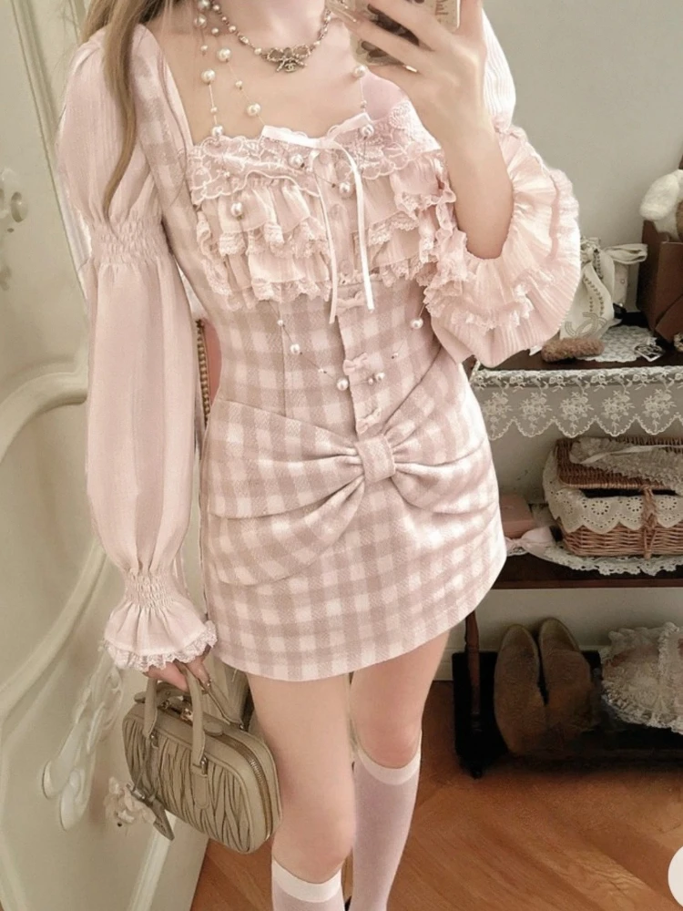 

Winter Japanese Elegant Sweet 2 Piece Set Women Y2k Plaid Lace Slim Design Mini Dress Suit Female Chic Korean Popular Clothes