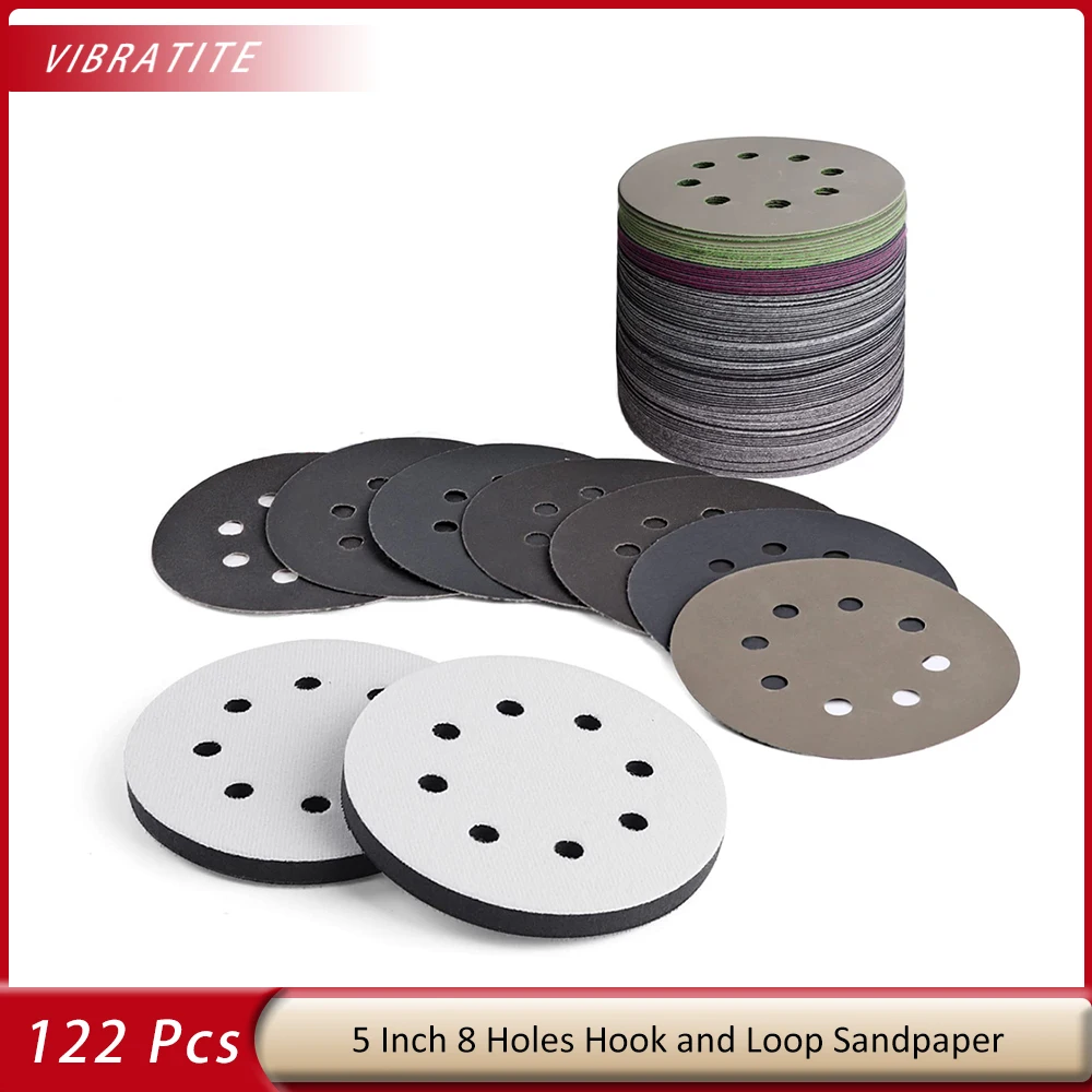 

120pcs 5 Inch Orbital Sandpaper Sanding Discs Hook & Loop 8 Holes Wet Dry with Interface Pads Silicon Carbide Round Flocking