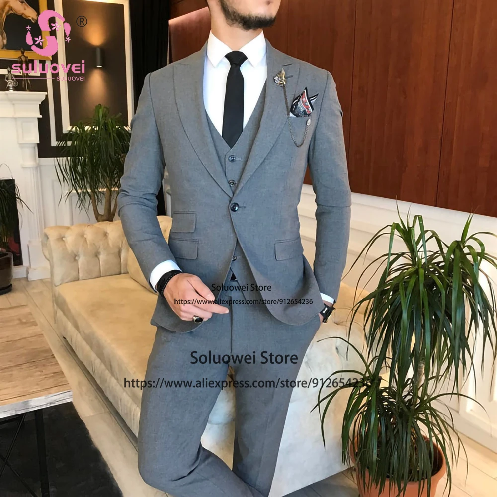 

Fashion One Button Suit For Men Slim Fit 3 Piece Jacket Vest Pants Set Business Blazer Formal Groom Wedding Peaked Lapel Tuxedo