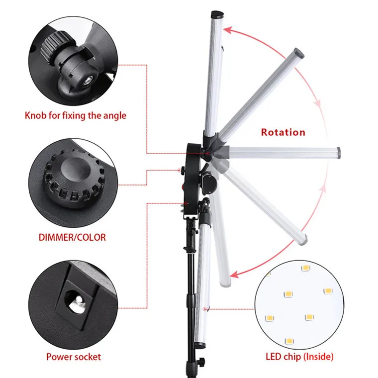 RD Nouvelle arrivée 6 tube super Eyes Star led studio vidéo photographie remplir la lumière avec trépied TL-1200S