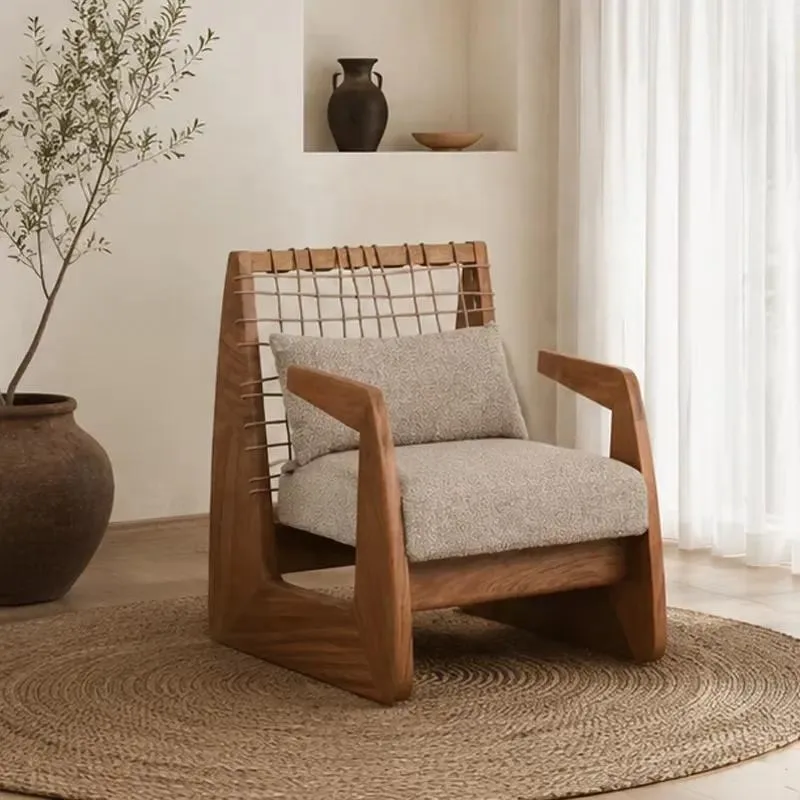Luxury Solid Wood Single Sofa Chair Modern Casual Soft Cloth Cushion for Bedroom Living Room Customizable