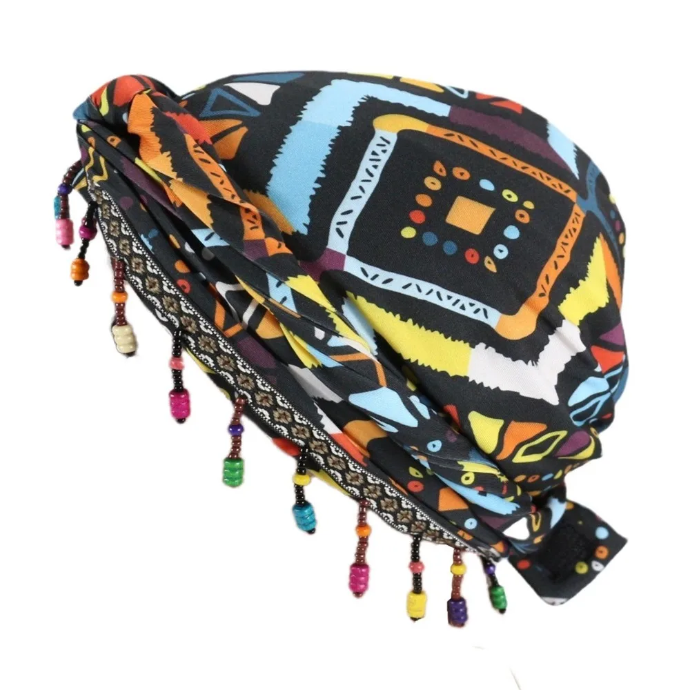 

Versatile Elastic Colorful Beaded Headscarf Hijab Ethnic Style Pre-tie Head Wraps Indian Style Dome Printed Tail Turban Couple