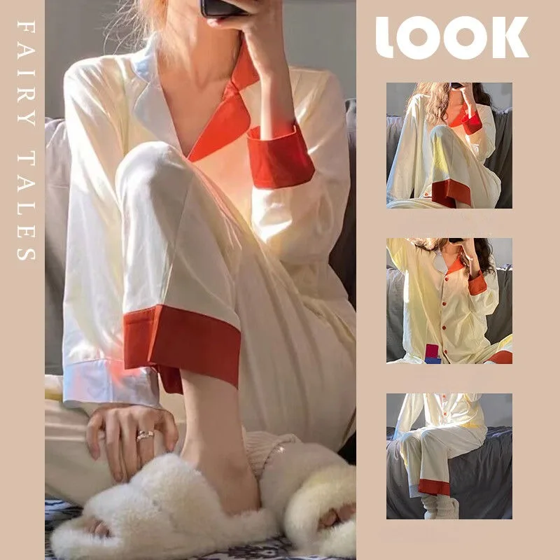 2024 Korean Version Color Matching Pajamas Women Spring Long Sleeve Pyjamas Lapel Breasted Home Wear Set Casual Loose Sleepwear