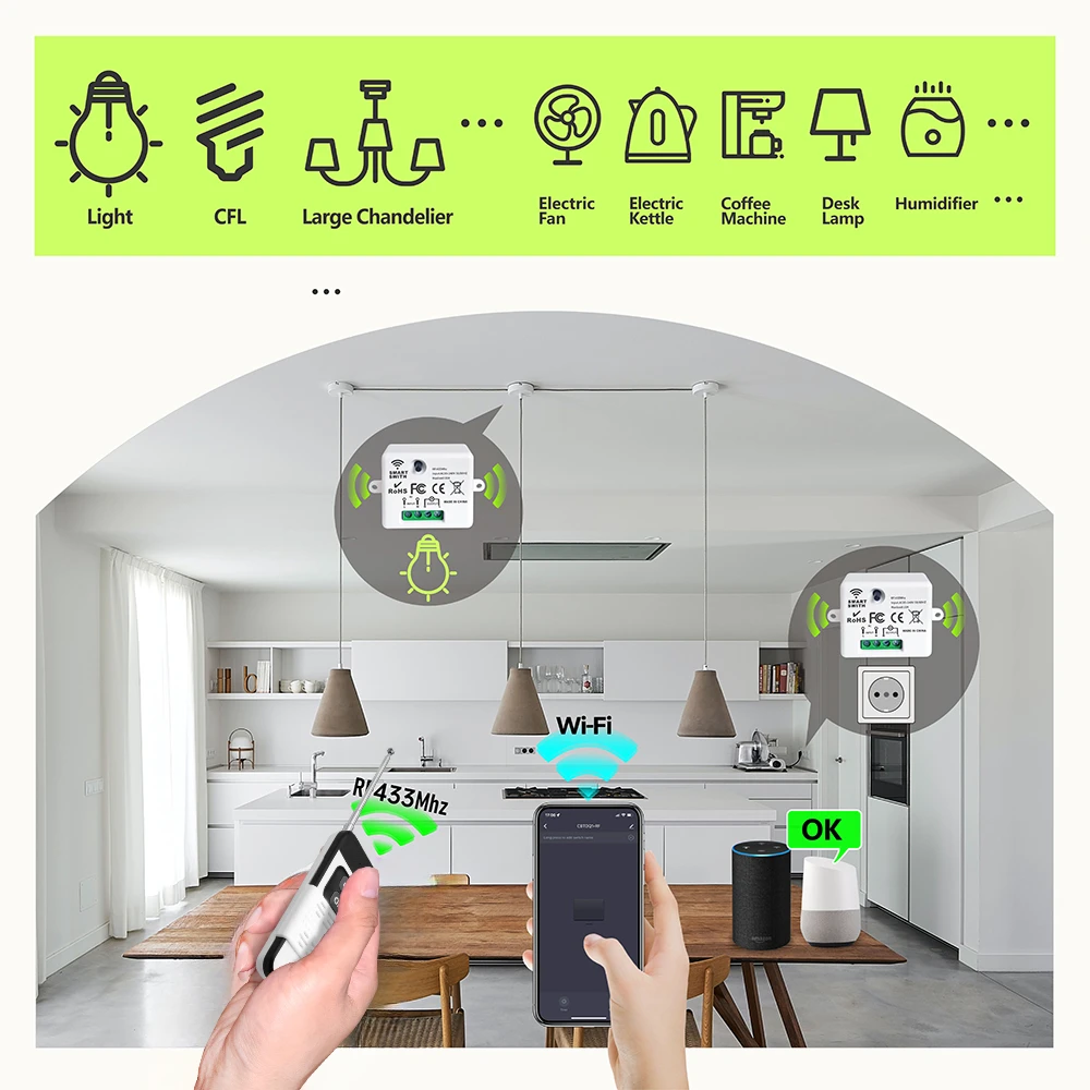 WIFI RF433Mhz Wireless Remote Control Light Switch AC110V Mini Relay Module Google Home Alexa Tuya Smart Life APP for Light LED