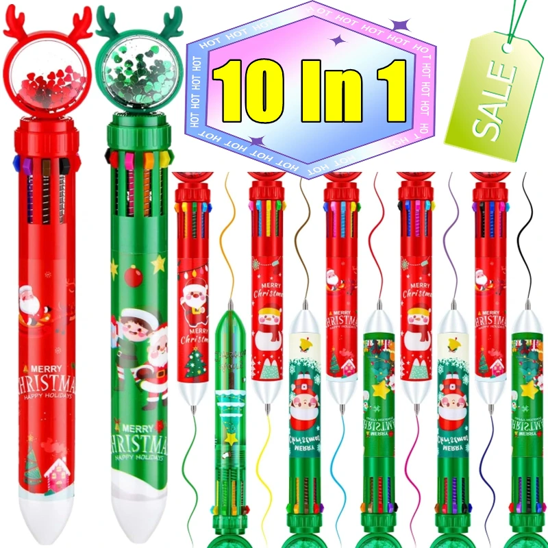 

Шариковая ручка 10 в 1, декор для рождественского подарка, Рождество, десятицветная домашняя ручка с рождественским орнаментом, праздничная шариковая ручка, милый пресс для детей