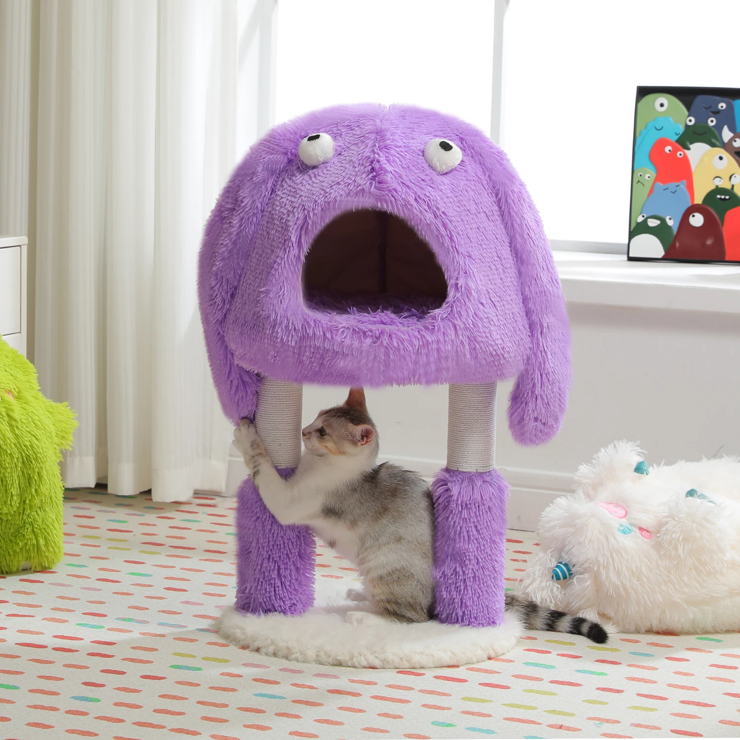 Monster Series Cat Tree Tower with Funny Ears and Eyes and  Sisal-Wrapped Legs Purple Cute Shape Plush Modeling Big Cat Condo