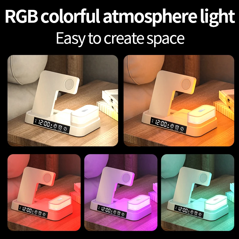 Cargador inalámbrico 5 en 1, estación de carga inalámbrica rápida de 15W con despertador y luz nocturna para iPhone 14 13 12 AirPods iWatch 8