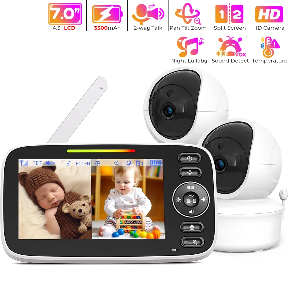 Baby Monitor with 2 Cameras, Split-Screen Video Baby Phone with Audio and Camera 4.3