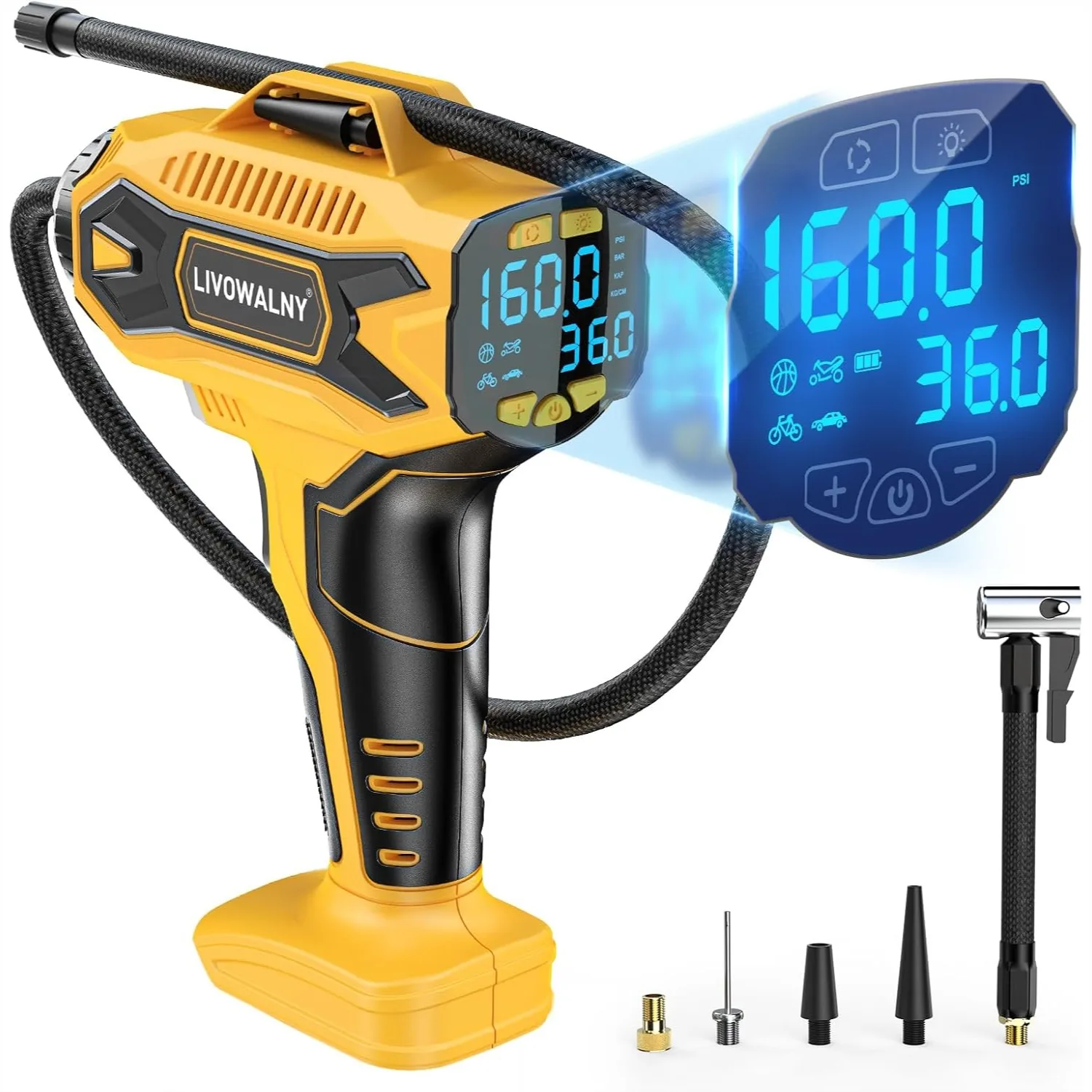

Tire Inflator Air Compressor 160PSI Cordless Portable Electric Pump for Car Motorcycle Bike, Compatible with Dewalt 20V Battery,