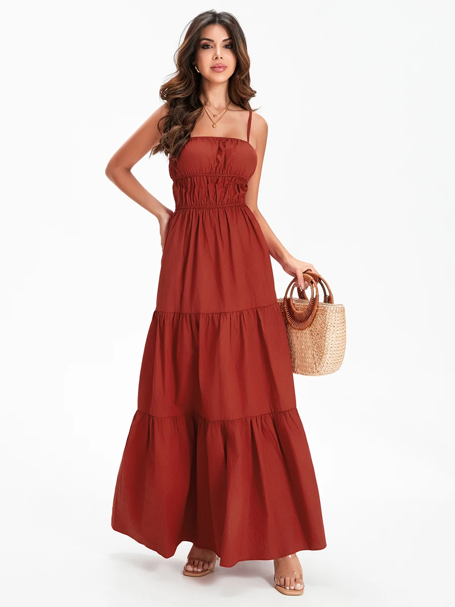 

Женское летнее длинное платье на бретельках, однотонные плиссированные платья без рукавов с открытой спиной в стиле бохо