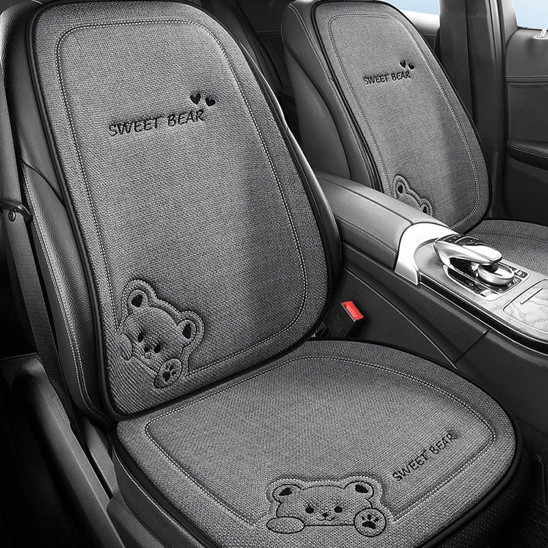 1pc Cartoon Bear Car Seat Cover Linen Anti-Slip Breathable Auto Single Pad Universal Car Square Seat Rear Seat Back Cushion