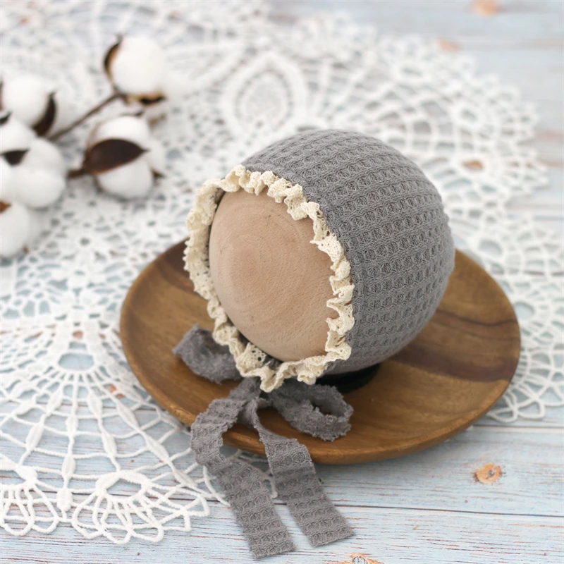 Newborn Baby Bonnet Knitted Lace Hat Infant Girls Photography Props Accessories Bebe Photo Shoot Caps Lace up