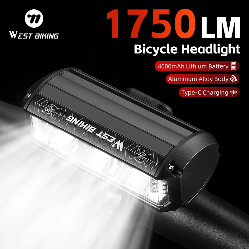 

WEST BIKING 1750 Lumens Bike Light 3 LED Wide Angle Headlights Power Display Type-C Rechargable Cycling Quick Release High Beam