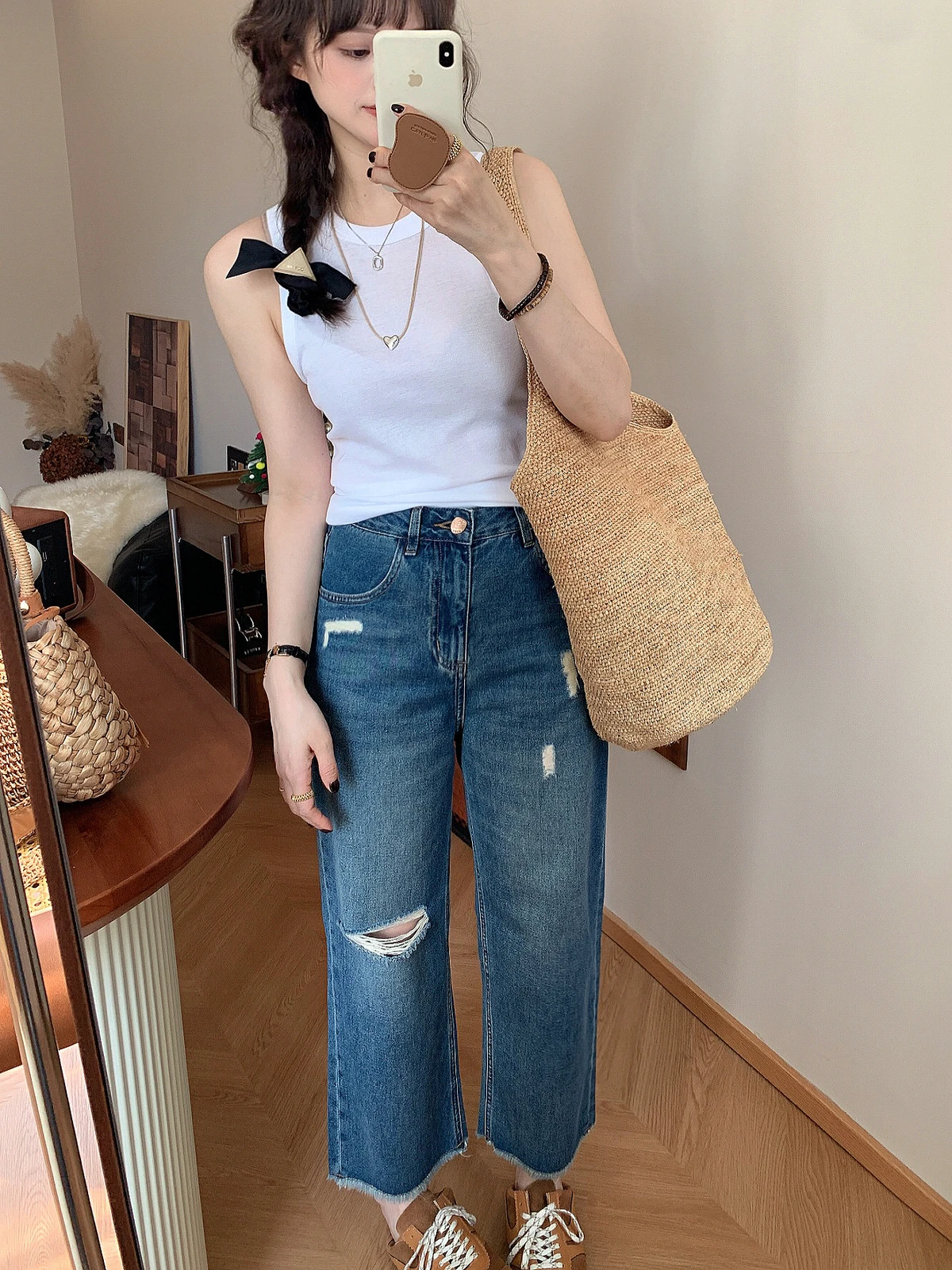 

Spring Summer High Waist Straight Leg High Slit Frayed Jeans Women's Slim Fit Denim Pants Cotton Blend Ladies Jeans