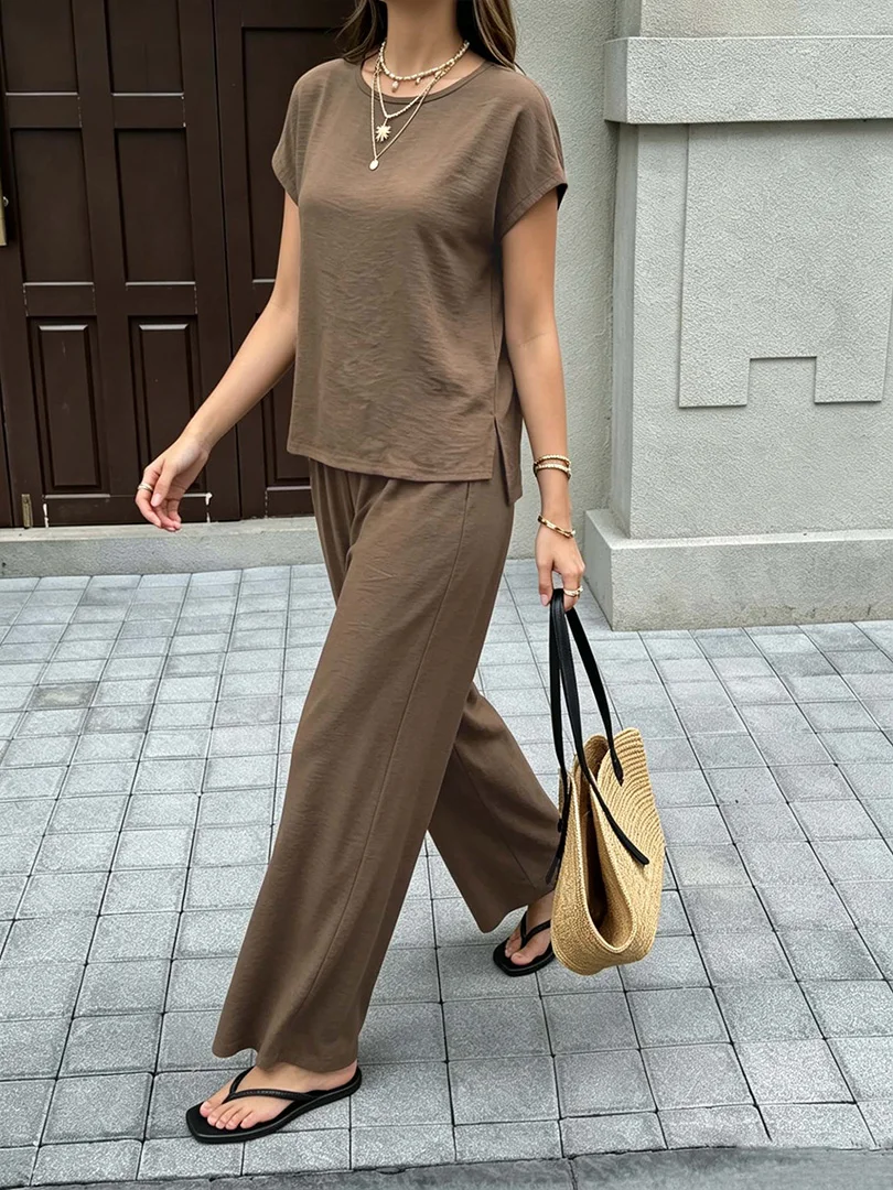 Taupe Brown Textured 2 Piece Co-ord, Round Neck Cap Sleeve Side Split T-shirt & Wide Leg Pants Women Summer Daily Lounge Suit