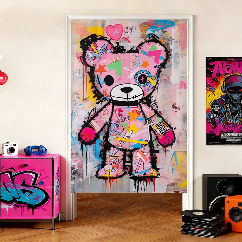 VIKAMA Graffiti Teddy Bear Linen Door Curtain, 6 Assorted Designs, Noren Doorway Tapestry for Kitchen Bedroom