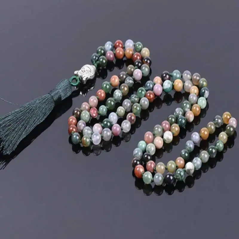 

Natural 7 Chakra Mixed Gemstone 108 Beads Mala Necklace with Silver Pendant & Green Tassel Healing Crystal Jewelry