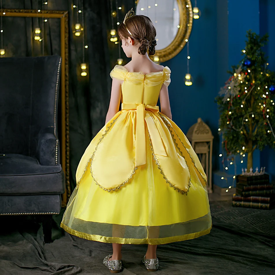 Disney Princess Belle-vestido de Cosplay para niña, traje de Halloween con hombros descubiertos, luz LED amarilla, vestidos de baile, Floral, rosa, cumpleaños