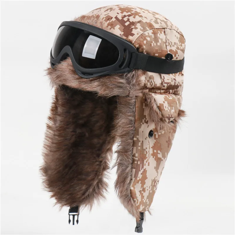 

Camouflage Goggles Bomber Hats Windproof Outdoor Ski Camping Thickened Ear Protection Winter/Spring Warm Flying Hat