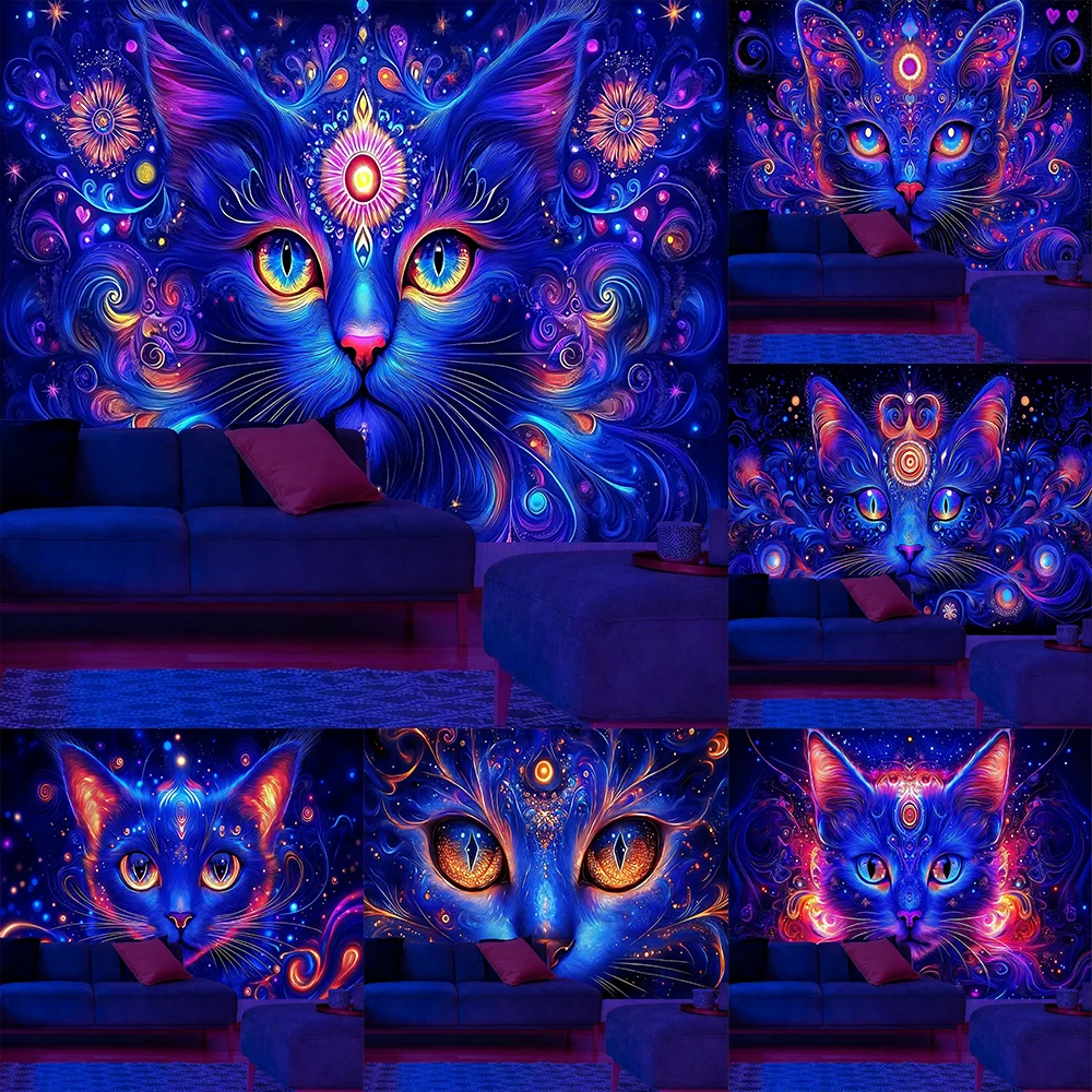 Glowing Cat Tapestry Vivid Night Art UV reaction tapestry background decoration wall hanging bedroom party decoration