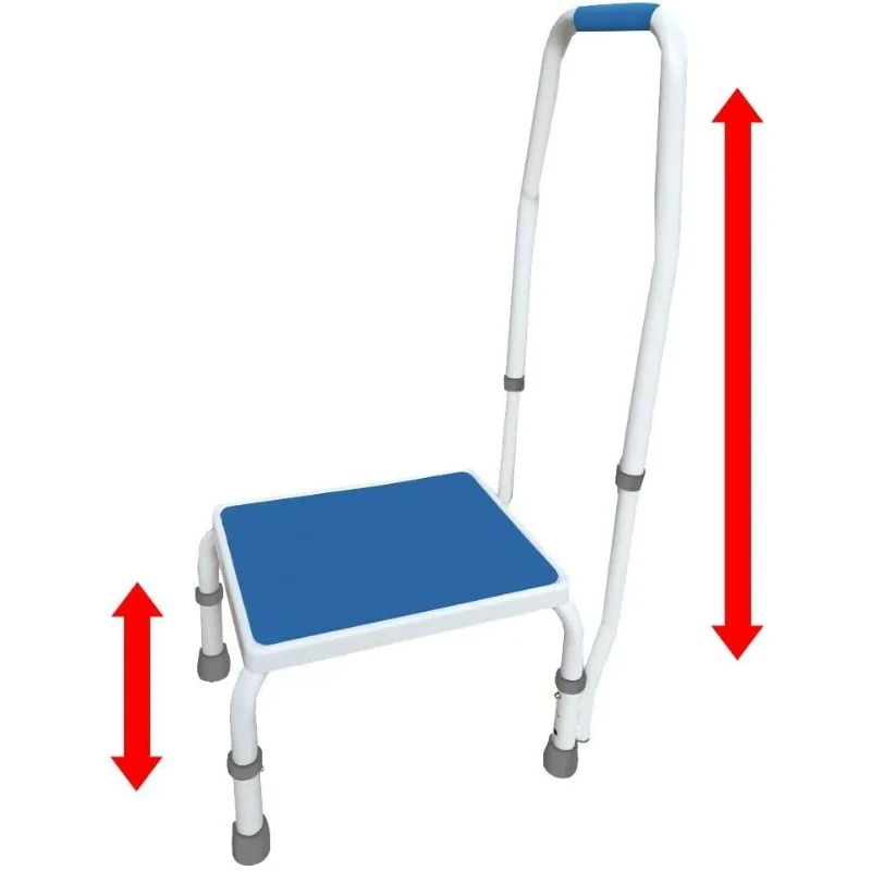 Handrail, Height Adjustable. 2 Products in 1. Modern White/Blue Design. Padded Non-Slip Handle. 300 lb. Capacity