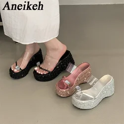 Aneikeh 2025 Fashion Glitter Sequined Transparent Pinch Toe Thick Bottom Slope Heel Slippers Water Diamond Sandalias De Mujer