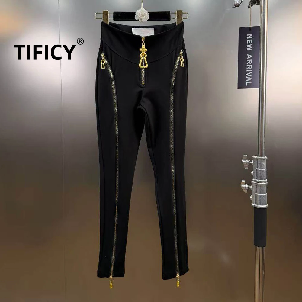 High Street Spring New High-Waisted Slimming Leggings Women's Multi-Zip Design Unique Underwear for Hip Lift and Thigh Sculpting
