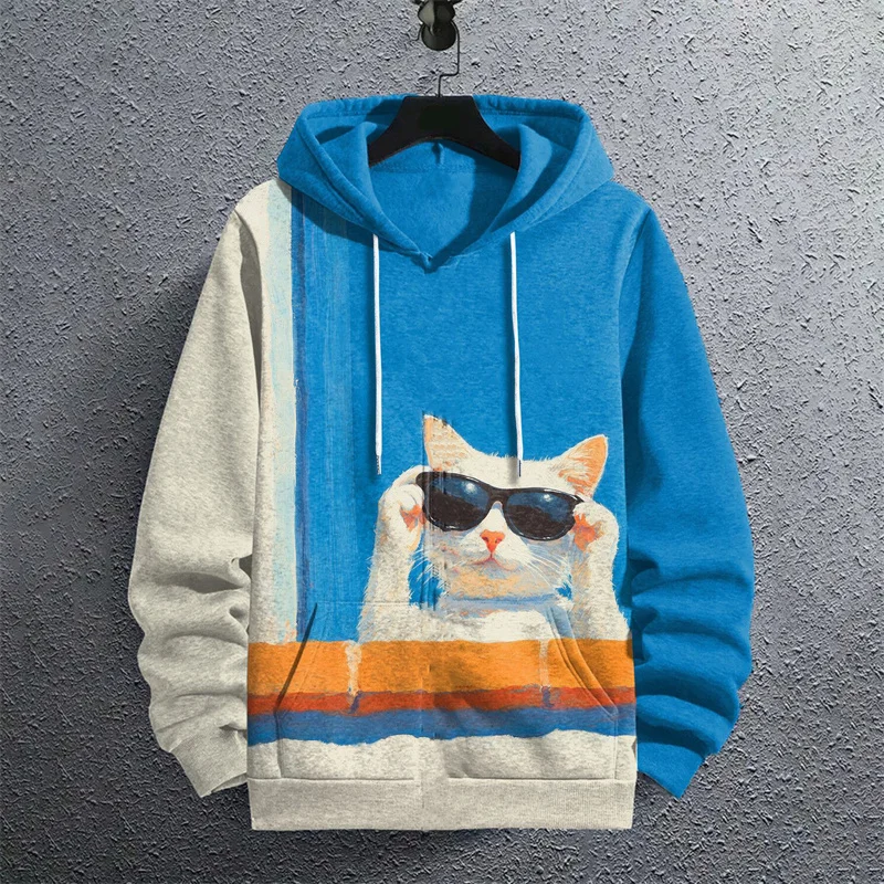 Cute Cool Cat Pattern Hoodie For Men Funny Animal 3D Printed Long Sleeves Casual Pullover Street Tops Hoodies Loose Sweatshirt