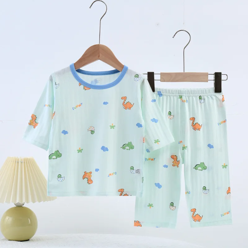 

Kids Summer Thin Silky Pajamas Sets New Boys Girls Cartoon Three-quarter Sleeve O-neck T Shirt Tops with Pants Baby Homewear