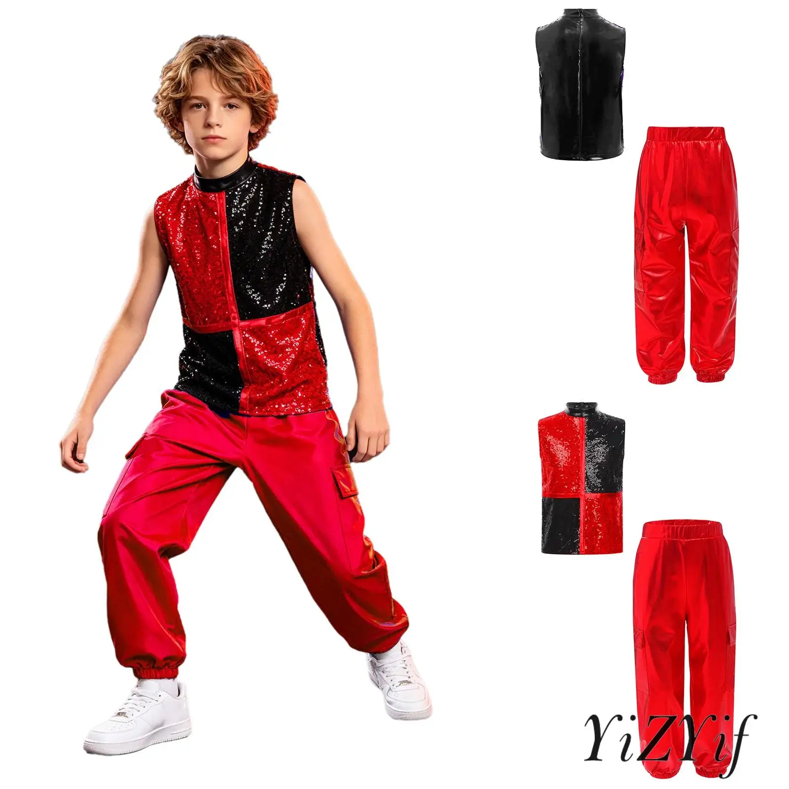 

Kids Boys Girls Hip-Hop Jazz Dance Competition Outfits Cheer Modern Dance Costume Sleeveless Sequins Crop Top with Long Pants