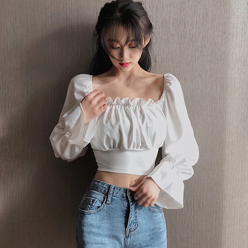 

Fashion Sexy Navel Exposed Long Sleeve Slash Neck Shirt Puff Sleeve Women's Bandage Blouses