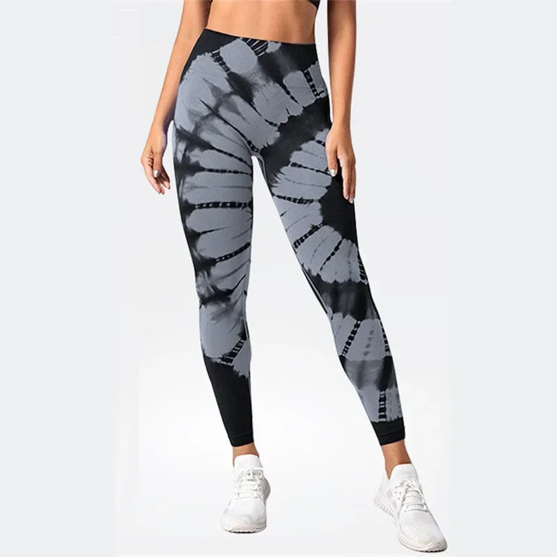 Bezszwowe legginsy Tie Dye Kobiety Slim Knit Pants Fitness Yoga Workout Running Elastic High Waist Hip Lift Fashion Sports Tights