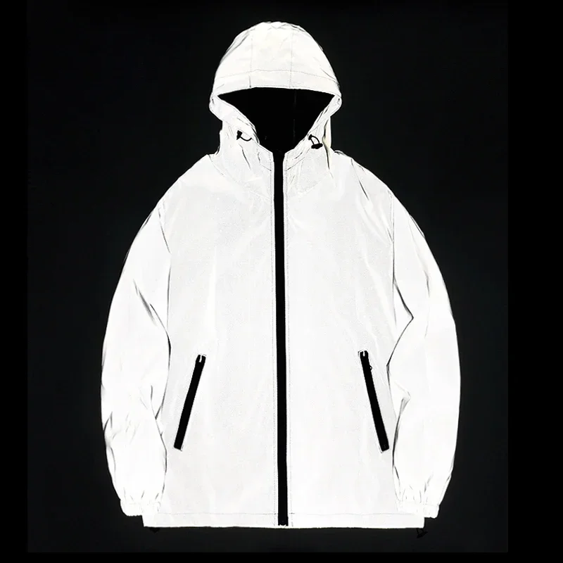 

New Windbreaker Hooded Jacket Men Waterproof Coats Zipper Night Reflective Jackets Double Fabric Hip Hop Dancer singer Outwear